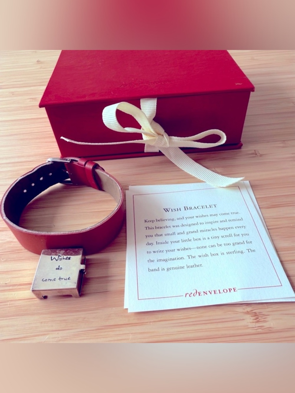 Vintage Red Envelope Sterling Silver .925 “Wish” Bracelet Red Leather OG Box Y2K